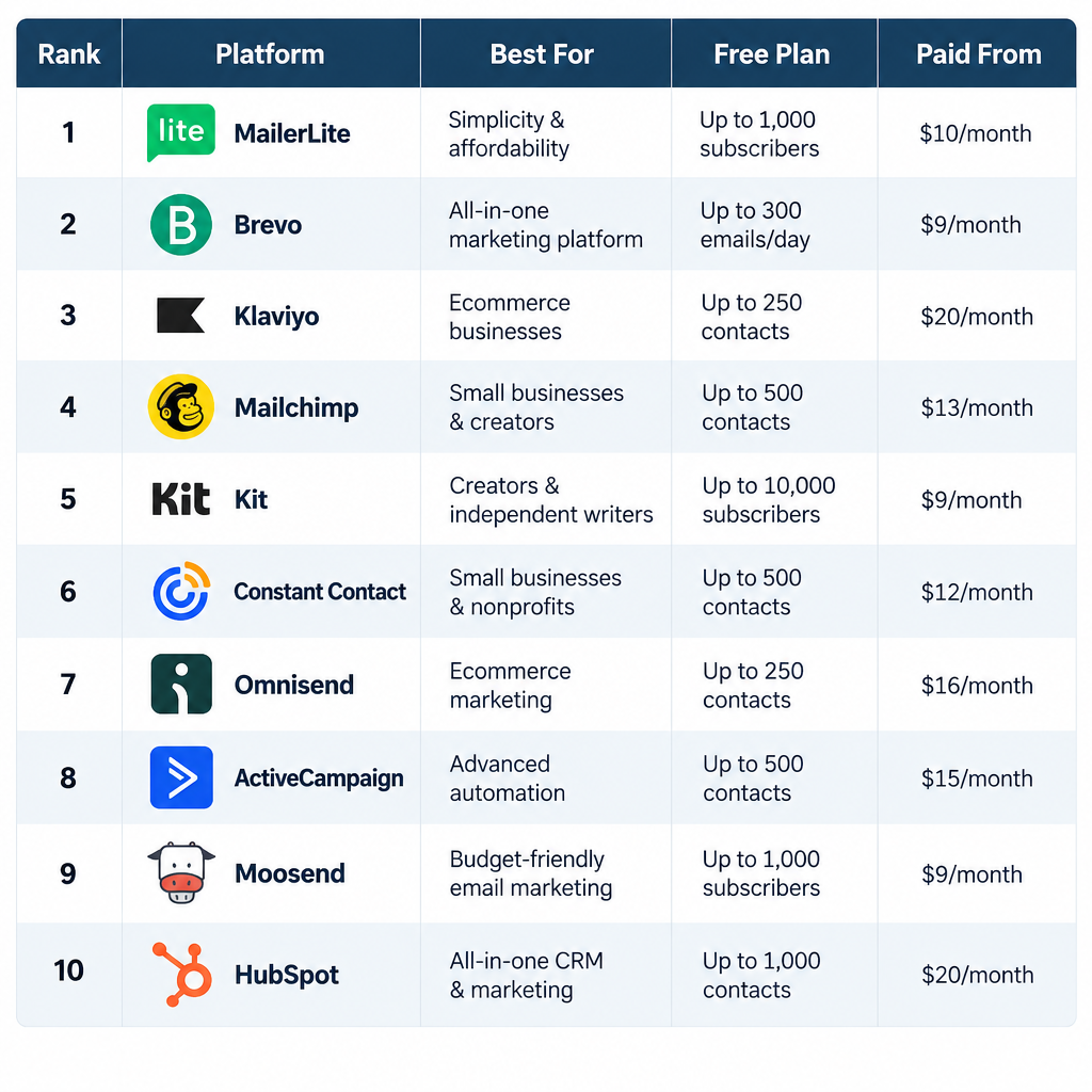 Top 10 Platforms Comparison Chart