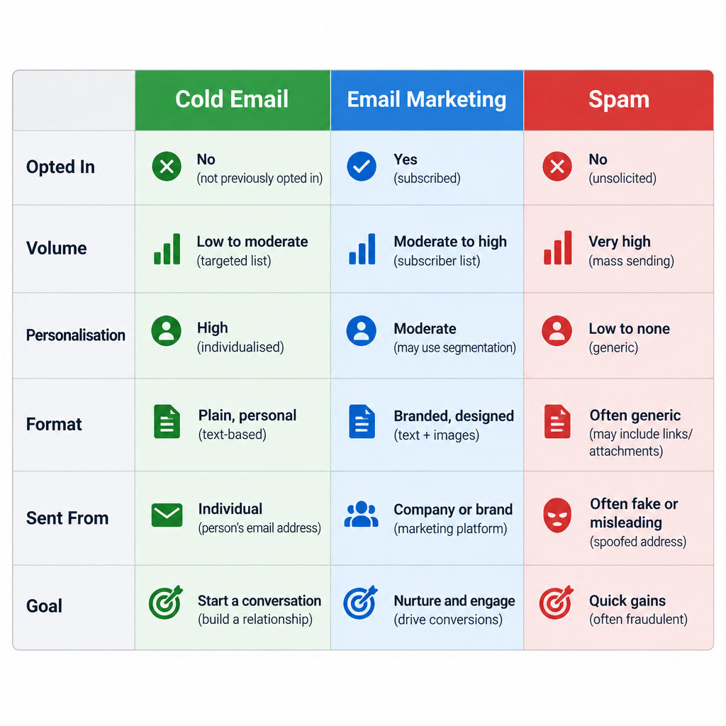 Cold Email vs Email Marketing vs Spam Comparison Table