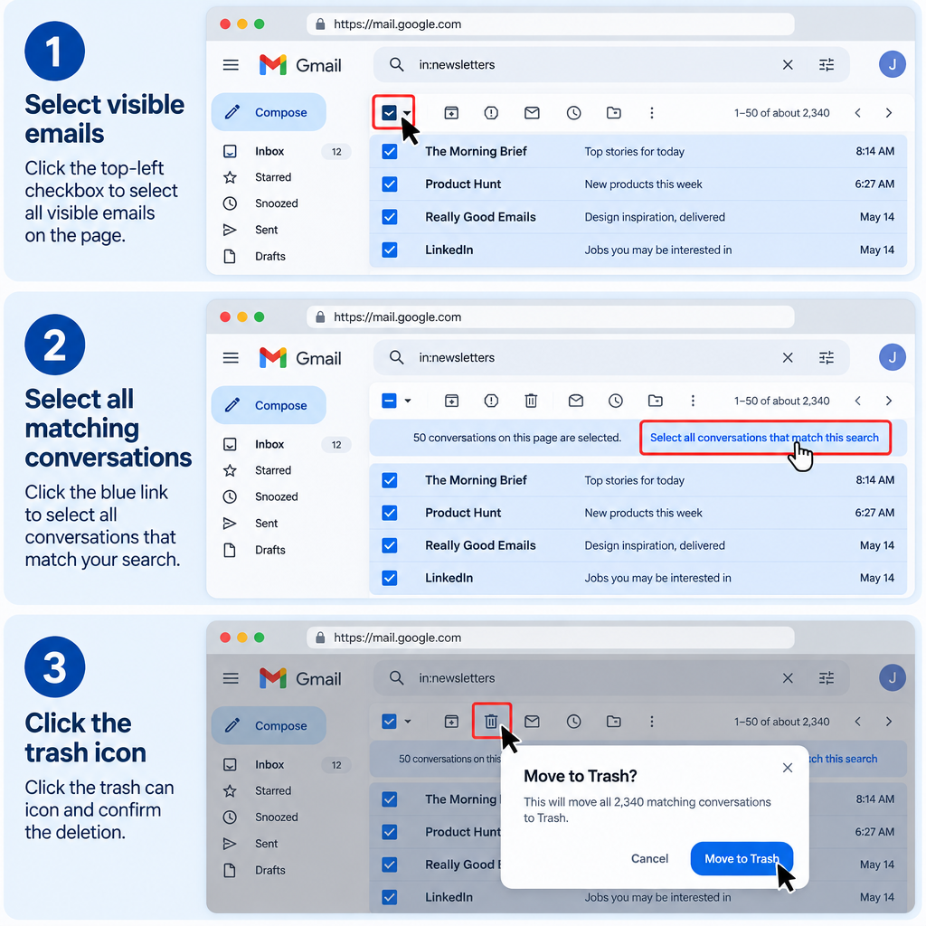 Gmail Select All and Delete Steps
