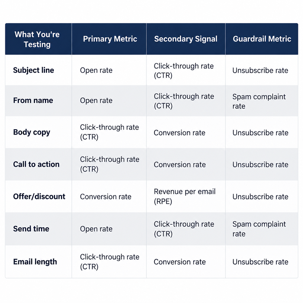 A/B Test Metrics Table