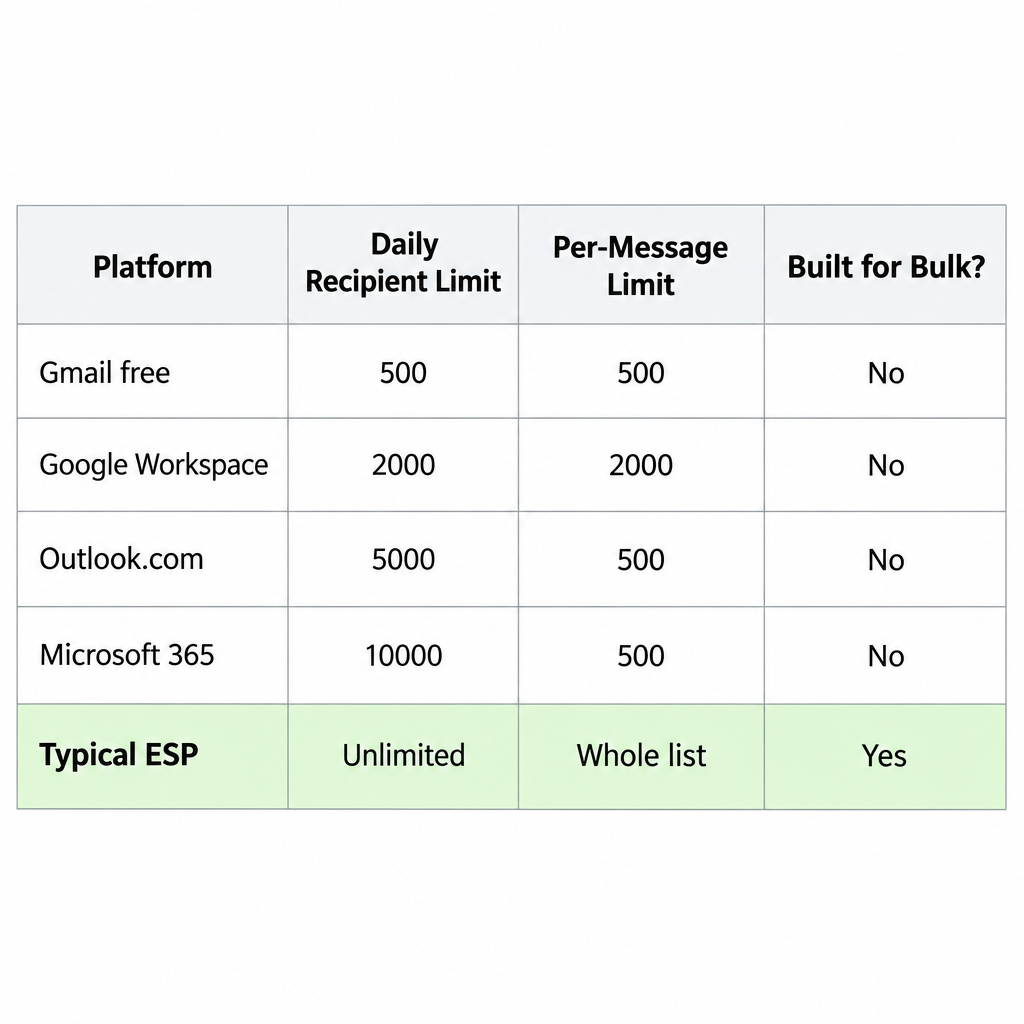 Gmail vs ESP Sending Limits Comparison Table