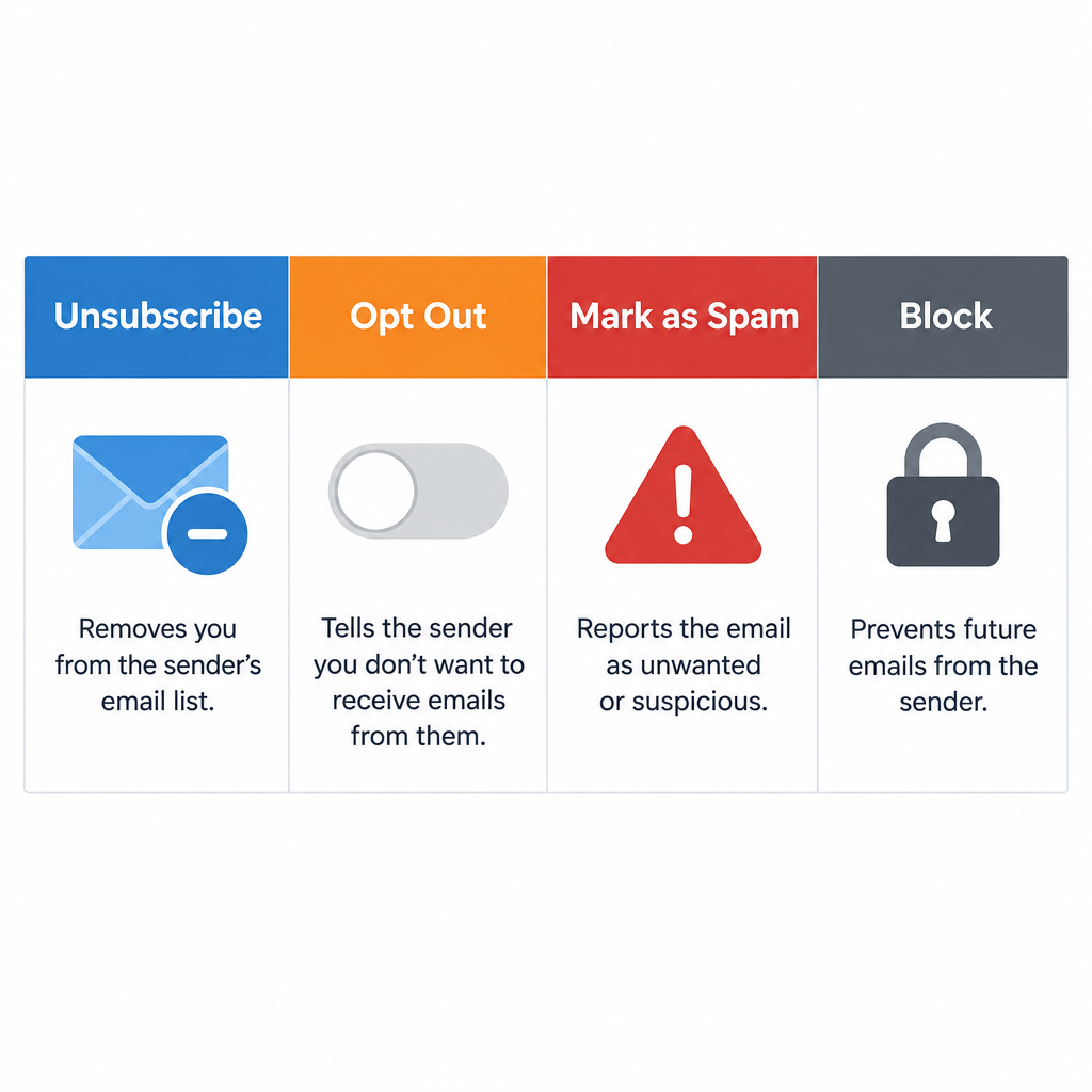 Unsubscribe vs Opt Out vs Spam vs Block Comparison
